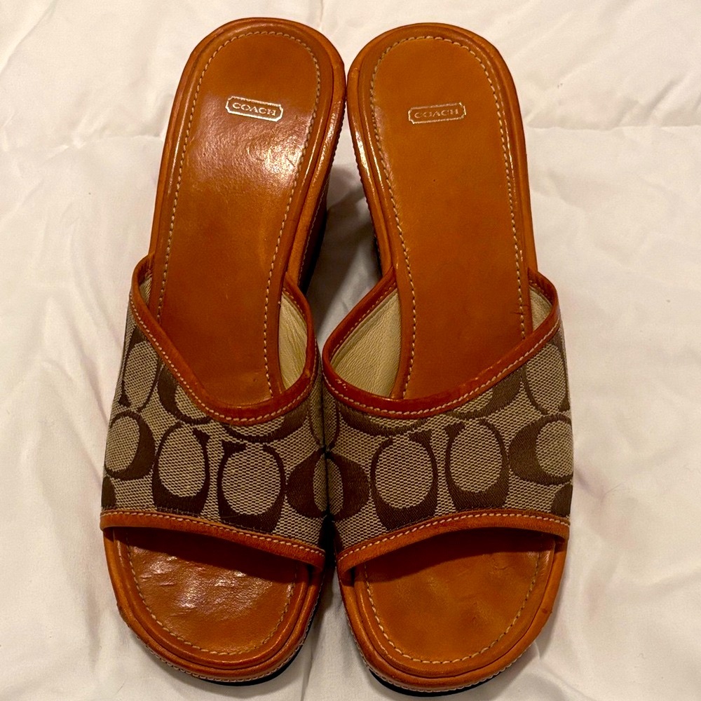 Coach Tan and Brown Slide Sandals